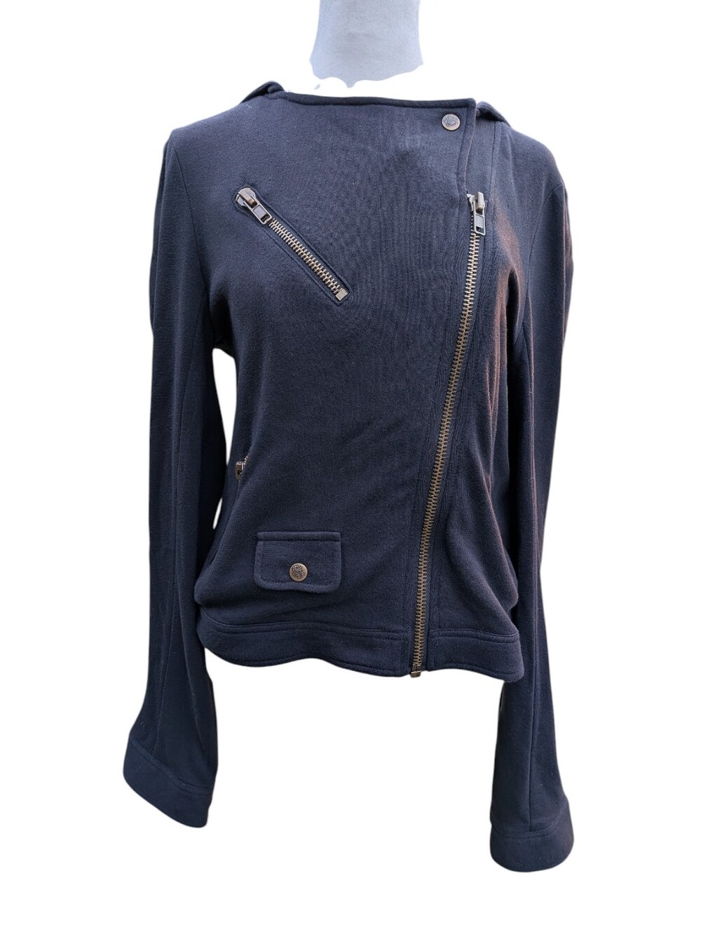 NWT Womens Black Knit Asymmetrical Zip Jacket W/Zip Pockets, Sz L